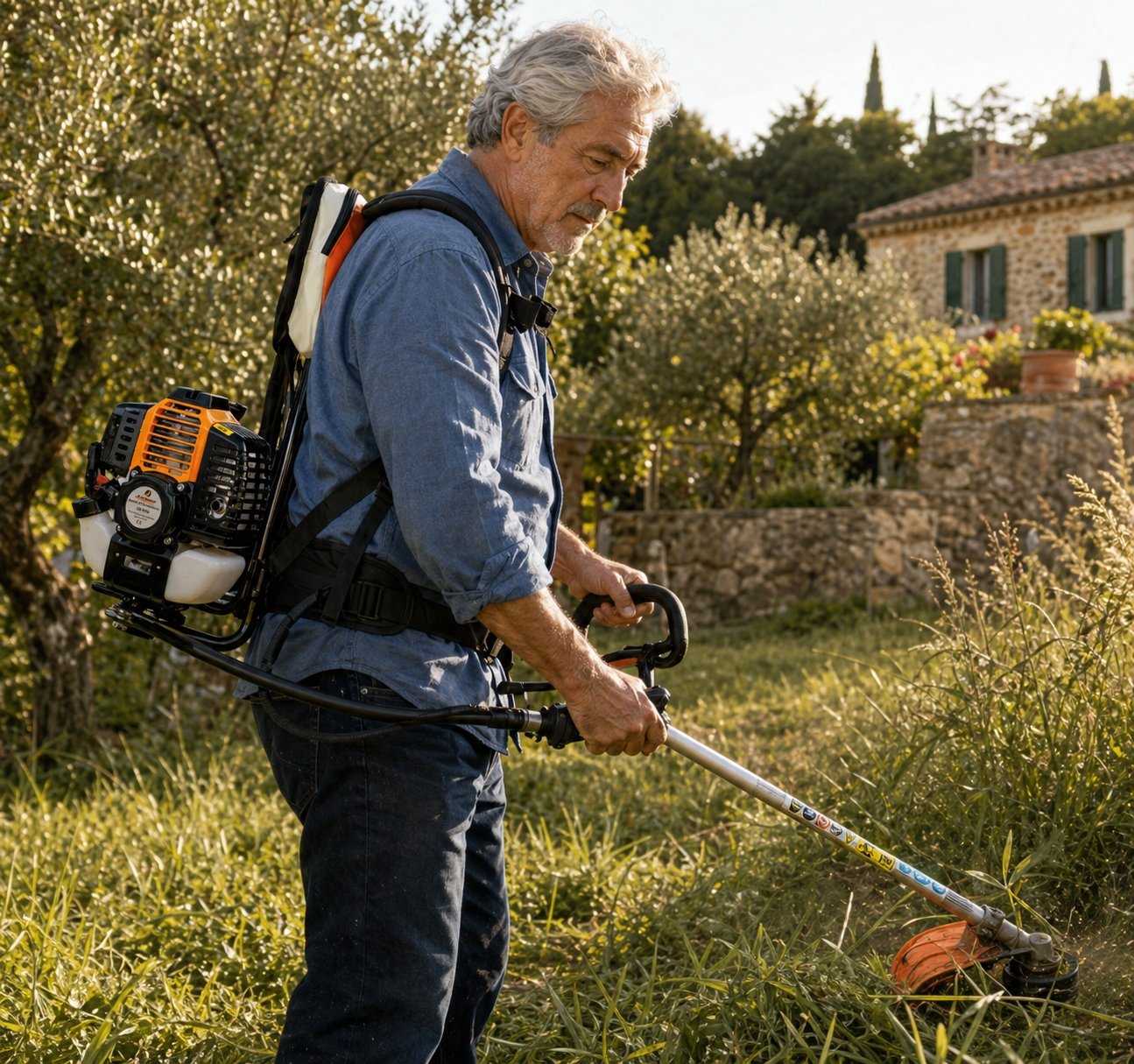 Decespugliatore a zaino indossato durante il lavoro